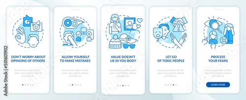 Self-care strategies blue onboarding mobile app screen. Walkthrough 5 steps graphic instructions pages with linear concepts. UI, UX, GUI template. Myriad Pro-Bold, Regular fonts used