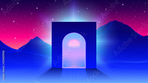 Abstract synthwave scene with arch or gate to another world with vaporwave sunset. 80s gaming mountain landscape with window or sureal portal.