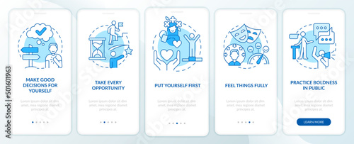 Boosting mental health and wellbeing blue onboarding mobile app screen. Walkthrough 5 steps graphic instructions pages with linear concepts. UI, UX, GUI template. Myriad Pro-Bold, Regular fonts used
