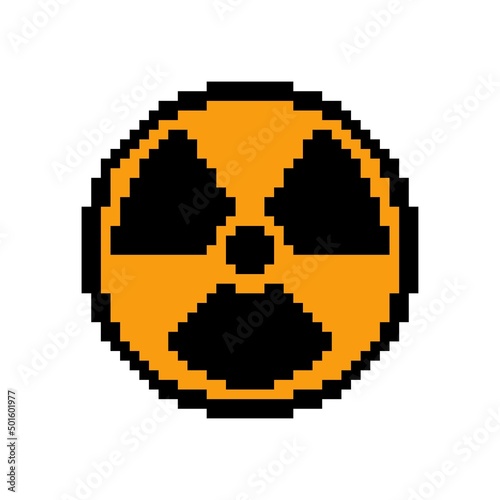 Pixelated radiation sign. Black radioactive hazard symbol with yellow gradient. Toxic uranium and plutonium pollution with terrible vector destruction