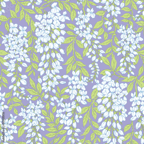 Seamlessly reaping white blooming wisteria pattern