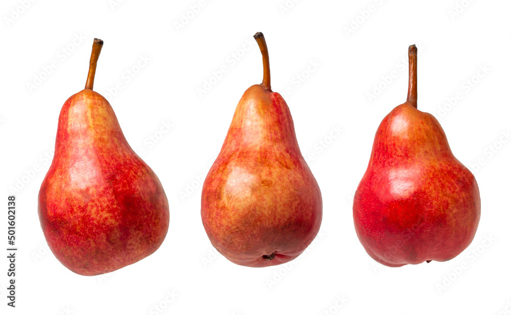 Red pears on a white background. Sweet ripe pear Red pears on a white background. Sweet ripe pear