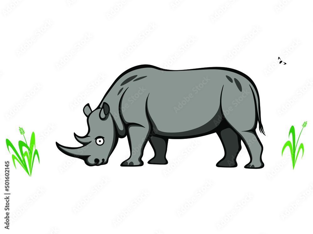 Happy cartoon rhino roaming among fresh grass