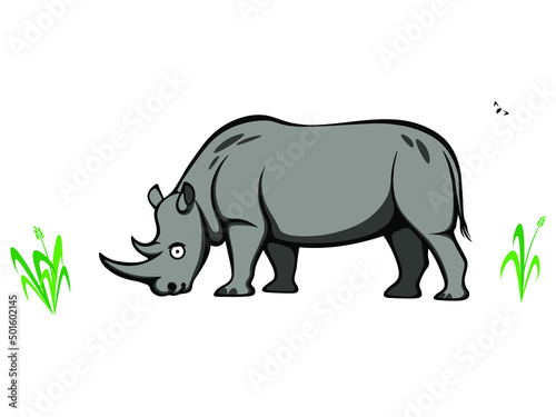 Happy cartoon rhino roaming among fresh grass