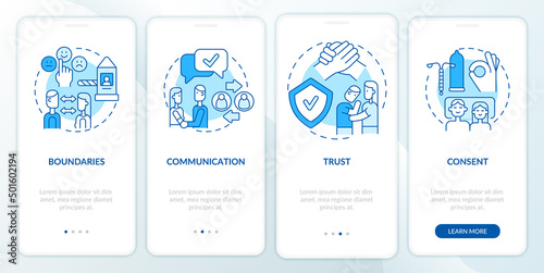 Healthy relationships characteristics blue onboarding mobile app screen. Walkthrough 4 steps graphic instructions pages with linear concepts. UI, UX, GUI template. Myriad Pro-Bold, Regular fonts used