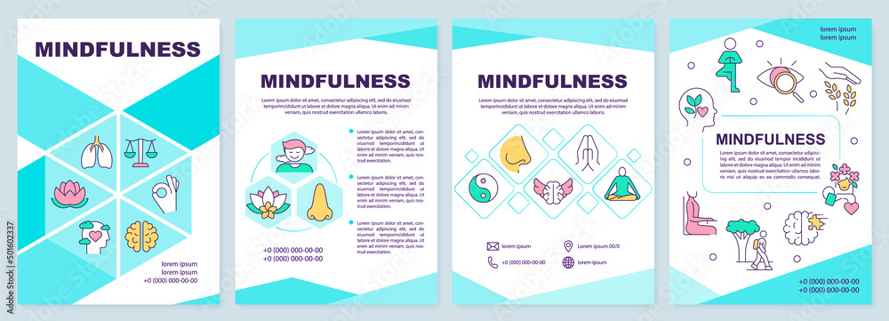 Mindfulness turquoise brochure template. Enjoying simple pleasures. Leaflet design with linear icons. 4 vector layouts for presentation, annual reports. Arial-Black, Myriad Pro-Regular fonts used