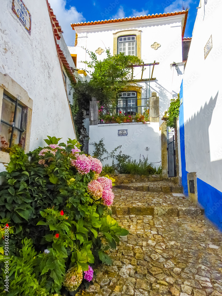 Obidos, Portugal - July 28 2019:   view of the town, historic houses