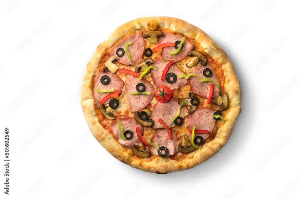 Pizza with meat and olives and cheese, Ukrainian cuisine. Photo of food on a white background