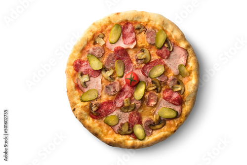 Pizza with cucumbers, sausage and cheese, Ukrainian cuisine. Photo of food on a white background