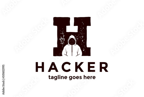 Vintage Initial Letter H with Mysterious Man for Hacker Logo Design