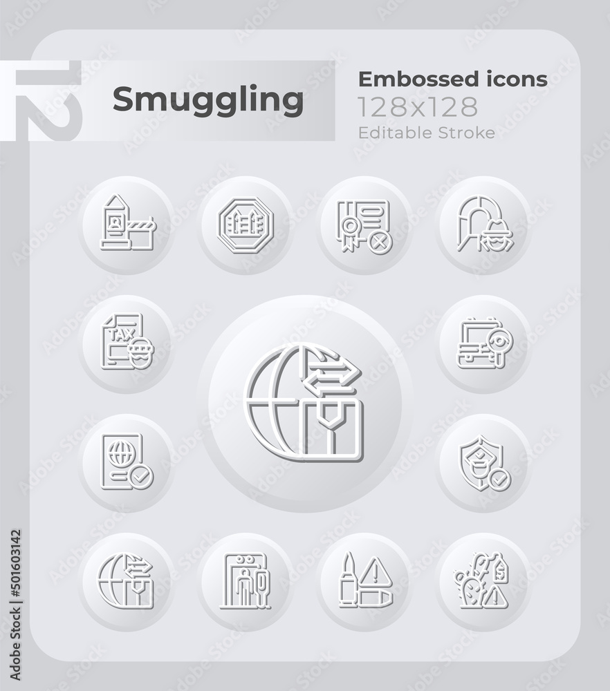 Combat smuggling embossed icons set. Economic impact. Neumorphism ...