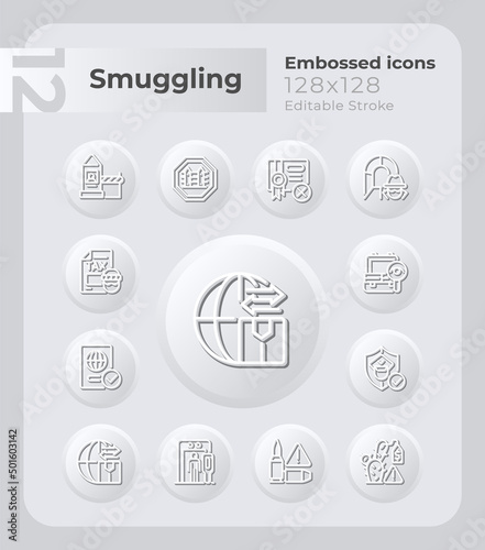 Combat smuggling embossed icons set. Economic impact. Neumorphism effect. Isolated vector illustrations. Minimalist button design collection. Editable stroke. Montserrat Bold, Light fonts used