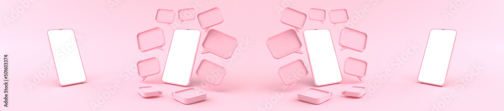 3D rendering. Pink Smartphone white screen Surrounded by a Many pink chat symbols. Smartphone white screen can be used for commercial advertising, on the pink background, illustration. 3D rendering. Pink Smartphone white screen Surrounded by a Many pink chat symbols. Smartphone white screen can be used for commercial advertising, on the pink background, illustration.