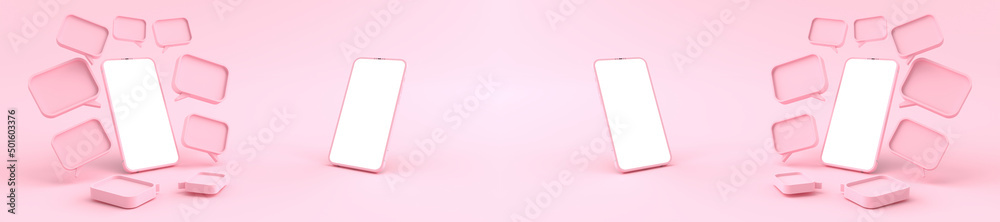 3D rendering. Pink Smartphone white screen Surrounded by a Many pink chat symbols. Smartphone white screen can be used for commercial advertising, on the pink background, illustration.v 3D rendering. Pink Smartphone white screen Surrounded by a Many pink chat symbols. Smartphone white screen can be used for commercial advertising, on the pink background, illustration.v