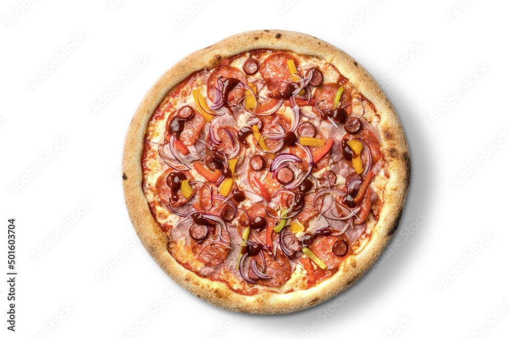Pizza with meat and cheese, Ukrainian cuisine. Photo of food on a white background