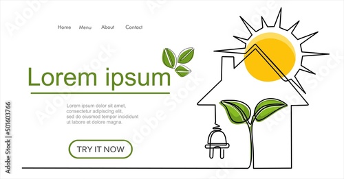 House with sun, plug and lightbulb like a plant in one line drawing. Save energy concept in minimalistic style. Can used for logo, emblem, slide show and banner. Vector illustration