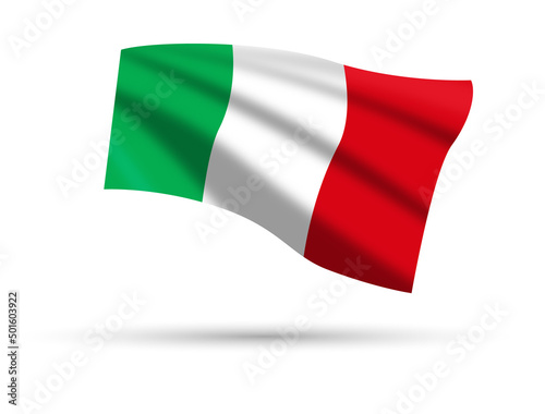 The flag of Italy flutters in the wind isolated on a white background.