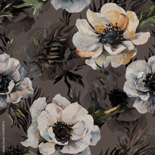 Beautiful anemone flower with green leaves on gray background. Seamless floral pattern. Watercolor painting. Hand drawn and painted illustration