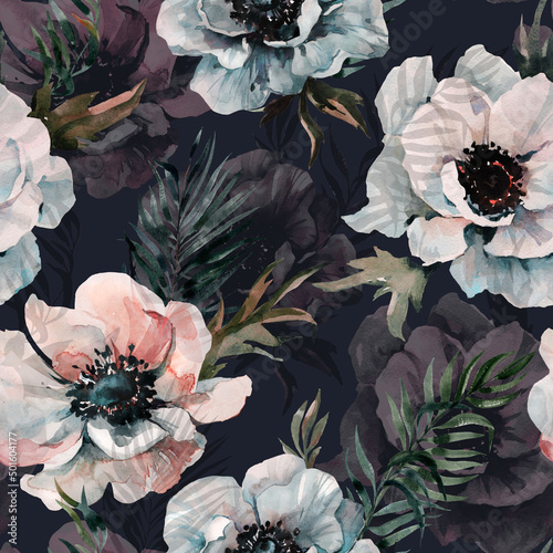 Beautiful anemone flower with green leaves on black background. Seamless floral pattern. Watercolor painting. Hand drawn and painted illustration
