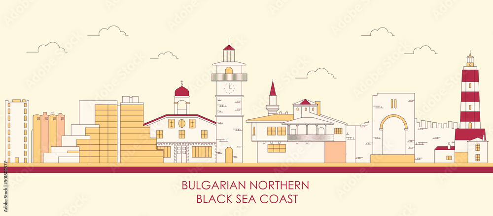 Cartoon Skyline panorama of Bulgarian northern Black sea coast  - vector illustration
