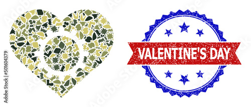 Military camouflage mosaic of love gear icon, and bicolor scratched Valentine'S Day seal. Vector watermark with Valentine'S Day title inside red ribbon and blue rosette, retro bicolored style.