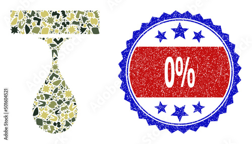 Military camouflage combination of drip drop icon, and bicolor grunge 0% stamp. Vector imprint with 0% title inside red ribbon and blue rosette, grunge bicolored style.