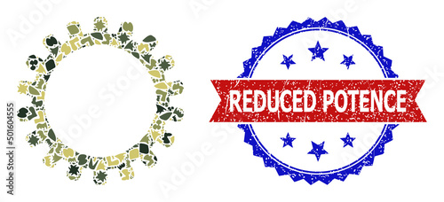 Military camouflage mosaic of cog icon, and bicolor scratched Reduced Potence seal. Vector seal with Reduced Potence caption inside red ribbon and blue rosette, scratched bicolored style.