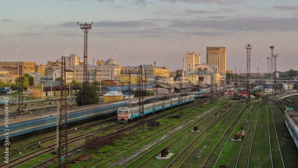 The building of the Southern Railway Station and the trains on platforms timelapse Kharkiv, Ukraine.