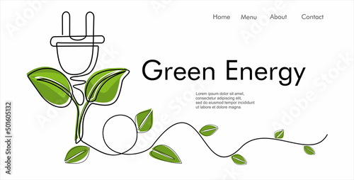 Sprout and plug like a plant in one line drawing. Save energy concept in minimalistic style. Can used for logo, emblem, slide show and banner. Vector illustration