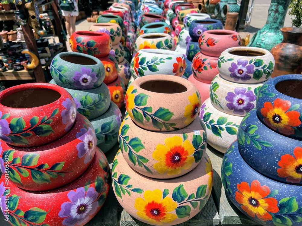 Colorful Mexican pottery on display