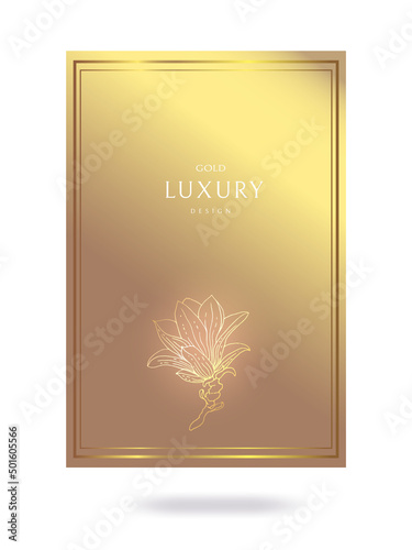 Golden frame. Wedding card template. Brilliant packaging design with a golden blooming magnolia sprig. Abstract background with golden gradient. Gift design option with place for text. Vector