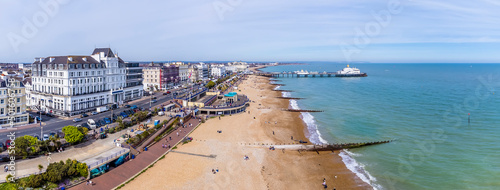 An aerial panorama view along the beach at Eastbourne, UK in springtime