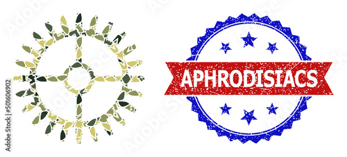 Military camouflage mosaic of clock gearwheel icon, and bicolor rubber Aphrodisiacs seal stamp. Vector seal with Aphrodisiacs text inside red ribbon and blue rosette, retro bicolored style.
