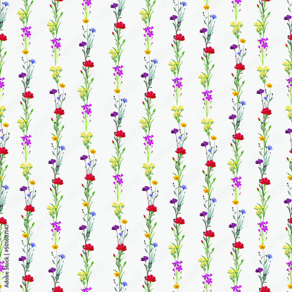 Wild flowers seamless pattern. Branches of flowers, buds, blooming flowers.