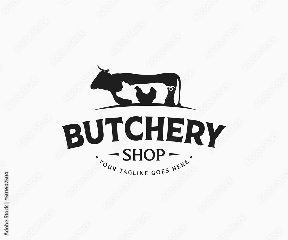 Vintage butchery logo. Retro styled meat shop logo. Butcher shop logo. Meat label with farm animals silhouettes.