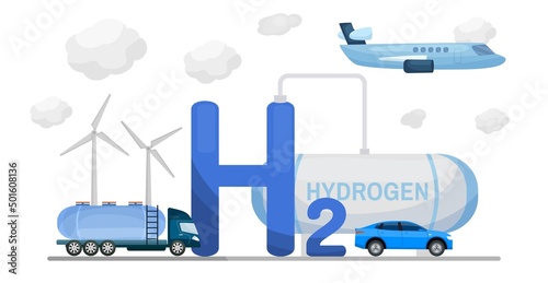 Green hydrogen production. Renewable energy source. H2 fuel plant.