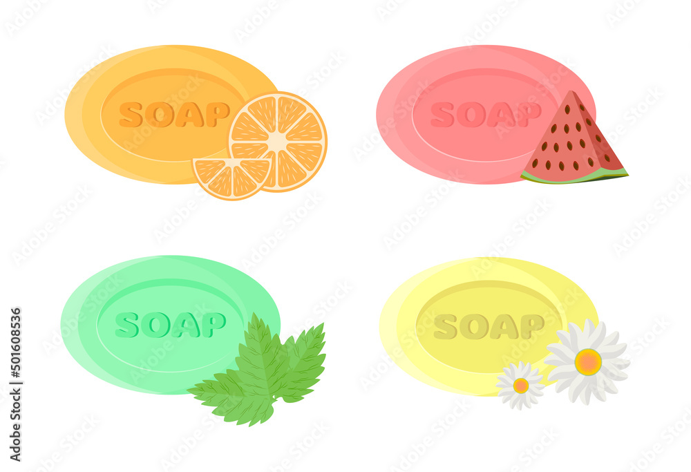Set of different kinds of hard soaps with watermelon, mint, chamomile, orange . Vector illustration in the style of a flat cartoon