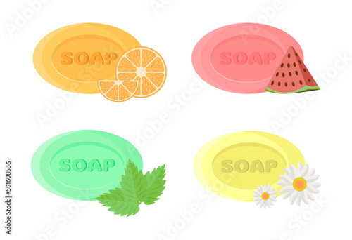 Set of different kinds of hard soaps with watermelon, mint, chamomile, orange . Vector illustration in the style of a flat cartoon