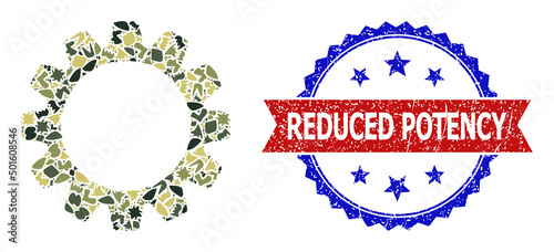 Military camouflage mosaic of cog icon, and bicolor grunge Reduced Potency seal stamp. Vector seal with Reduced Potency title inside red ribbon and blue rosette, scratched bicolored style.