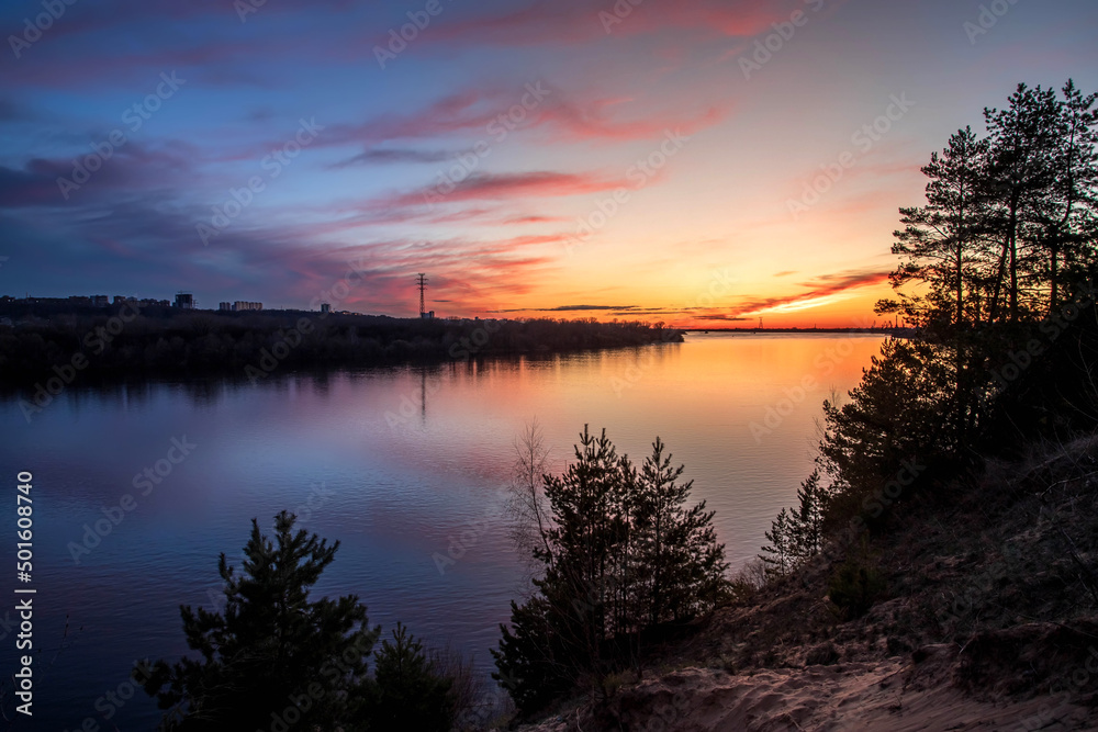 Beautiful sunset on the River Volga. Nizhny Novgorod, Russia.