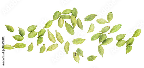 Green cardamom seeds isolated on a white background, top view. Dried cardamom pods.