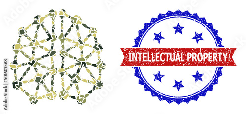 Military camouflage combination of AI structure icon, and bicolor unclean Intellectual Property watermark. Vector watermark with Intellectual Property text inside red ribbon and blue rosette,
