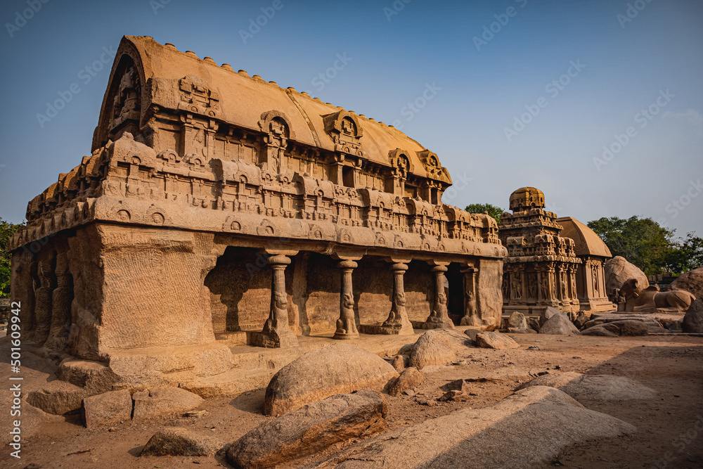 Exclusive Monolithic - Five Rathas or Panch Rathas are UNESCO World Heritage Site located at Great South Indian architecture. World Heritage in South India, Tamil Nadu, Mamallapuram or Mahabalipuram
