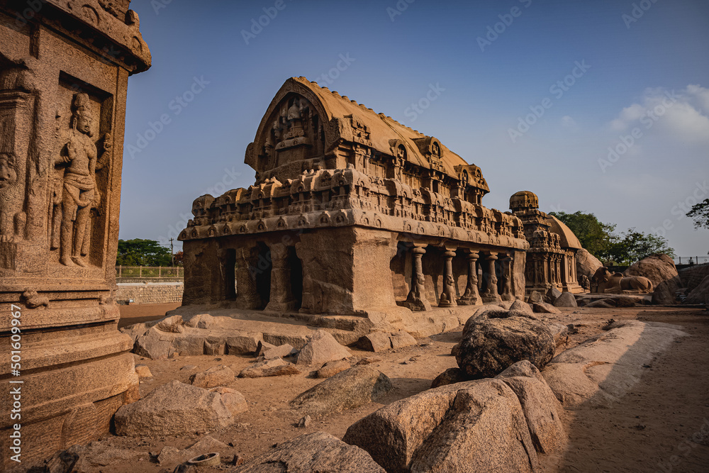 Exclusive Monolithic - Five Rathas or Panch Rathas are UNESCO World Heritage Site located at Great South Indian architecture. World Heritage in South India, Tamil Nadu, Mamallapuram or Mahabalipuram