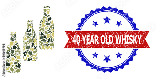 Military camouflage composition of beer bottles icon, and bicolor grunge 40 Year Old Whisky watermark. Vector watermark with 40 Year Old Whisky title inside red ribbon and blue rosette,