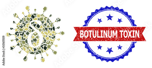 Military camouflage mosaic of Delta covid virus icon, and bicolor rubber Botulinum Toxin watermark. Vector watermark with Botulinum Toxin title inside red ribbon and blue rosette,