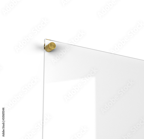 Transparent acrylic with gold mount. Attachments for acrylic. Glass sign on white background.