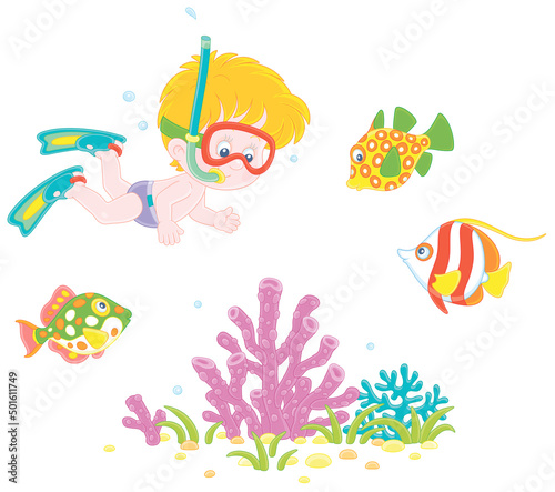 Little boy with a diving mask, flippers and a snorkel diving with colorful tropical fishes on a coral reef on summer vacation, vector cartoon illustrations isolated on a white background