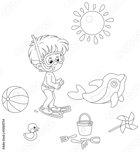 Little boy with a diving mask, flippers, a snorkel and a set of funny beach toys for summer vacation by a sea, black and white outline vector cartoon illustration for a coloring book page