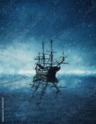 Beautiful painting of a ghost ship floating on the blue sea under the starry night sky. Wonderful seascape with a boat on the horizon reflecting on the calm water